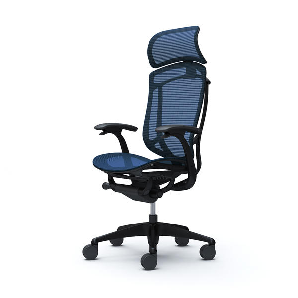 『代引不可』『受注生産品』オカムラ オフィスチェア コンテッサ セコンダ エクストラハイバック 大型固定ヘッドレスト ブラックフレーム ブラックボディ 座メッシュ デザインアーム ダークブルー CC45MR FPG4『送料無料（一部地域除く）』
