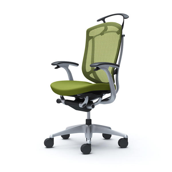 【受注生産品】 オカムラ オフィスチェア コンテッサ セコンダ ハイバック シルバーフレーム ブラックボディ 座クッション デザインアーム ハンガー付 グリーン CC44GR FPC5『送料無料（一部地域除く）』の通販は