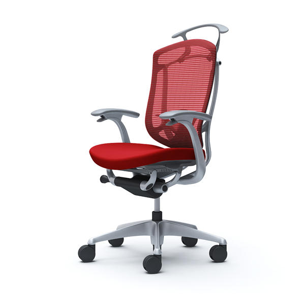 『代引不可』『受注生産品』オカムラ オフィスチェア コンテッサ セコンダ ハイバック シルバーフレーム グレーボディ 座クッション デザインアーム ランバーサポート付 ハンガー付 レッド CC44GE FPC9『送料無料（一部地域除く）』