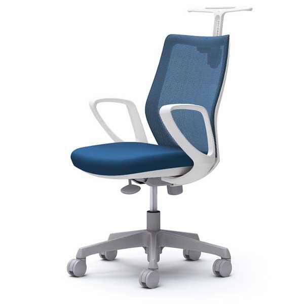 オカムラ オフィスチェア CG-M メッシュタイプ ホワイトフレーム 固定肘 ハンガー付 ウレタンキャスター ミディアムブルー CG22VR FZK3『送料無料（一部地域除く）』の通販は