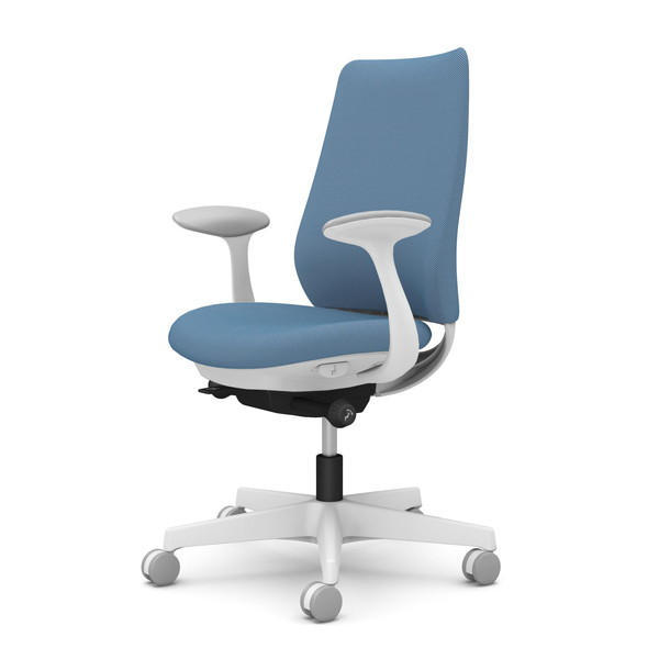 オカムラ オフィスチェア ポータム スタンダードバック ホワイトフレーム 背クッション 固定肘 ナイロンキャスター リネット ブルー CF23XW FRU0『送料無料（一部地域除く）』の通販は