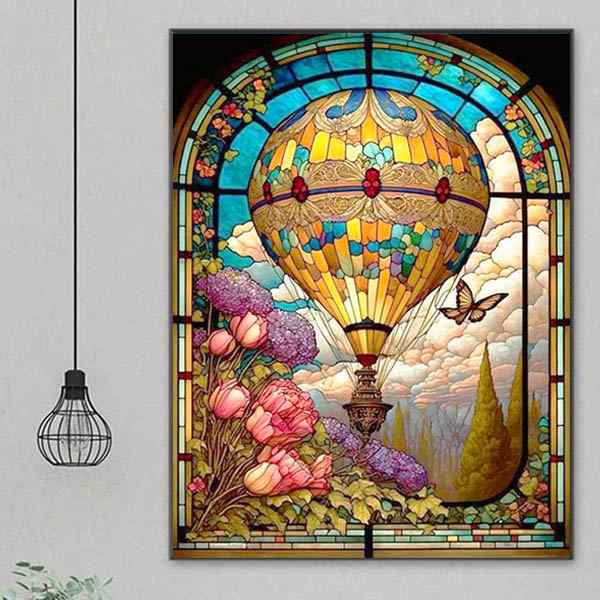 定番送料無料ガラス絵　ステンドグラス風　ステンドガラス風　花に小鳥　62×42.5㎝　額装　壁掛け　インテリア小物　オブジェ ステンドグラス