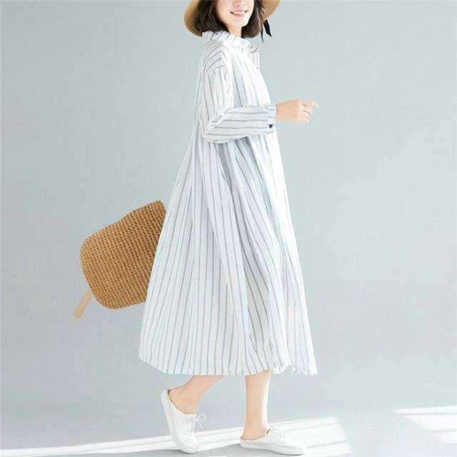 シャツワンピース ロング レディース ロングワンピース コットンリネン 綿麻混 ワンピース ロングシャツ ゆったり 体型カバー ストライプの通販はau Pay マーケット Kireifuku Au Pay マーケット店