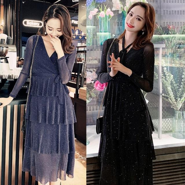 大人可愛い 4段フレア ラメ入り Vネック ドレスワンピース お出かけ パーティー 結婚式の通販はau Pay マーケット Tresor