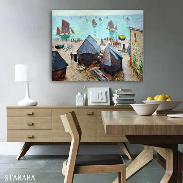 クロード モネ エトルタのボートの出発 パネル 40cm×50cm 名画 絵画 インテリア 油絵 風景画 壁掛け 装飾 ホテル カフェ リビング ファブリック アートパネル プレゼント 母の日 送料無料