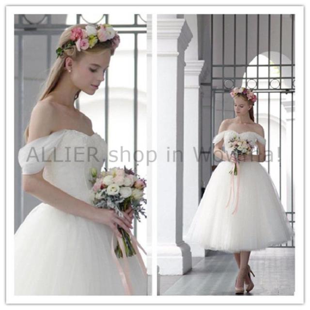 ウェディングドレス 肩のレースのスパンコールのウェディングドレスブライダルガウンホワイトアイボリーオフ茶長 Tea Lengthの通販はau Pay マーケット Allier Shop