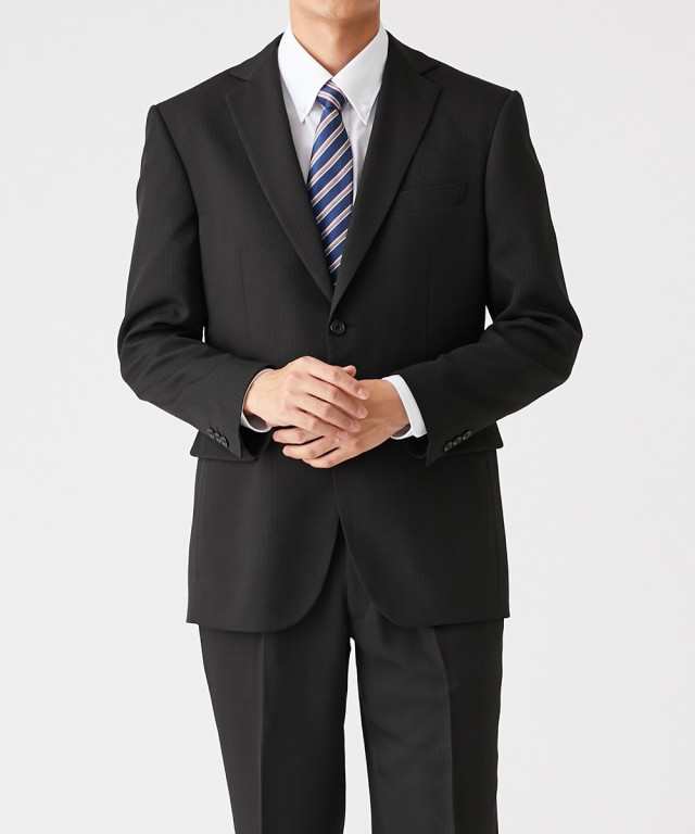 新品送料無料2釦2パンツスーツ・A-4・ハイグレード仕様・黒にちかい濃紺/織縞 Sサイズ以下