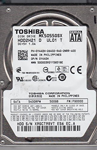 「非常に良い」MK5055GSX、HDD2H21 D UL01 T、Toshiba 500GB SATA 2.5 ハードドライブ。(中古品)