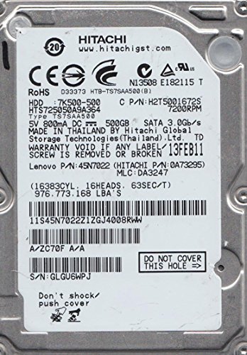 「非常に良い」HTS725050A9A364、PN 0A73295、MLC DA3247、Hitachi 500GB SATA 2.5ハード (中古品)