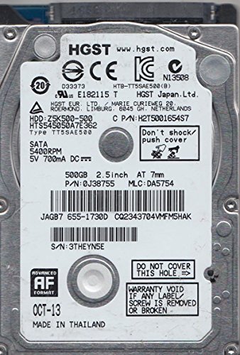 「非常に良い」HTS545050A7E362 PN-0J38755 MLC-DA5754 日立 500GB SATA 2.5 ハードドライ(中古品)