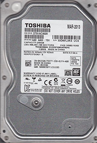 「非常に良い」DT01ACA025 AA00/7D0 HDKPC07D0A01 S Toshiba 250GB SATA 3.5 ハードドライ(中古品)