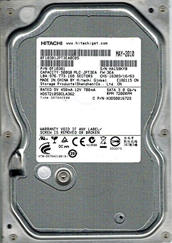 「非常に良い」Hitachi HDS721050CLA362 P/N: 0F10381 MLC: JPT3EA 500GB(中古品)