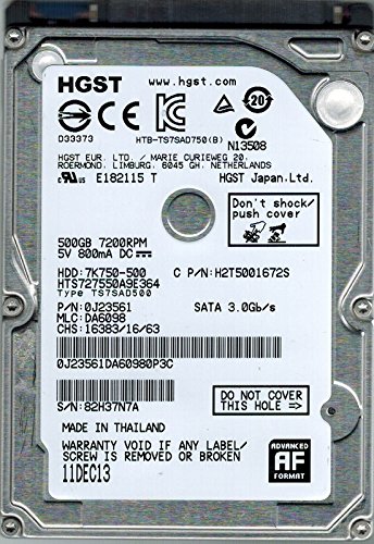Hitachi Travelstar 7K750-500 500GB SATA 2.5インチ 内蔵HDD HTS727550A9E(中古品)