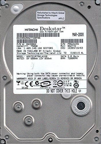 「未使用品」日立 HDS721075KLA330 P/N: 0A33862 MLC: BA2772 750GB(中古品)