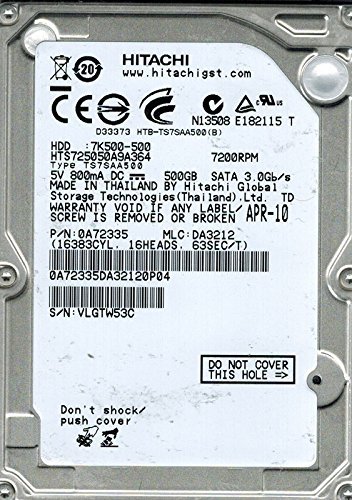 「非常に良い」Hitachi HTS725050A9A364 P/N: 0A72335 500GB MLC: DA3212 [並行輸入品](中古品)