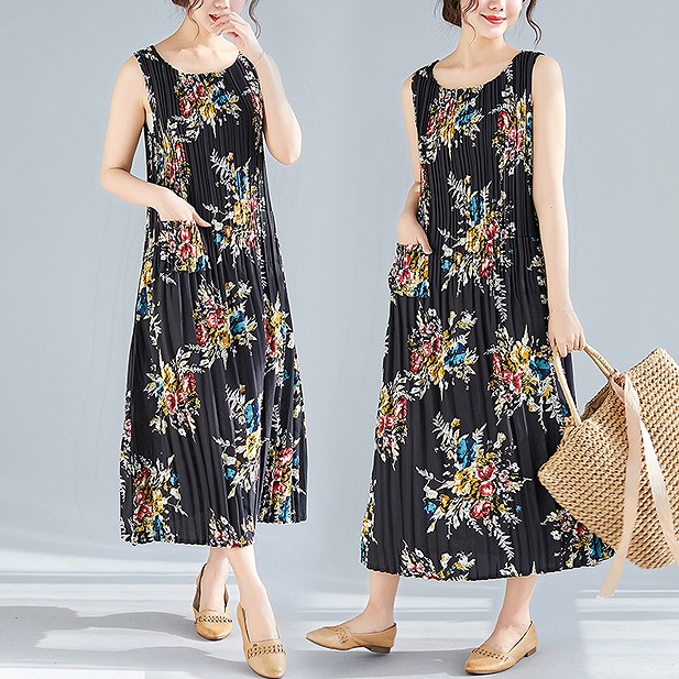 大きいサイズ レディース プリーツワンピ 花柄 ノースリーブ Uネック 総柄 大人体型 M L Ll 3l 4l 5l 6l 取寄 Ssの通販はau Pay マーケット Poporarino