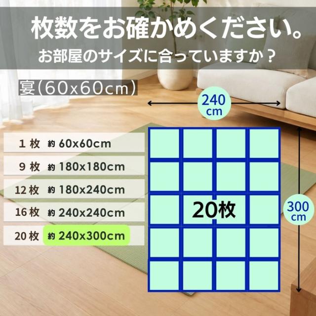 20枚セット：約6畳用(240x300cm) 縁なしユニット畳 60x60cm/1枚【スベリ止め加工、木製ボード使用】_2