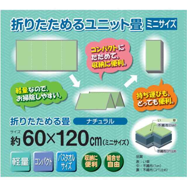 ミニサイズ 60x120cm／４つに折りたためるユニット畳／ スベリ止め加工