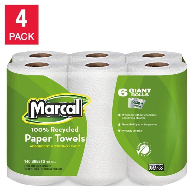 お取り寄せ Marcal 100%リサイクルペーパータオル ダブル 140枚 24ロール Marcal 100% Recycled Paper Towels, 2-Ply, 140 Sheets, 24 Rolls