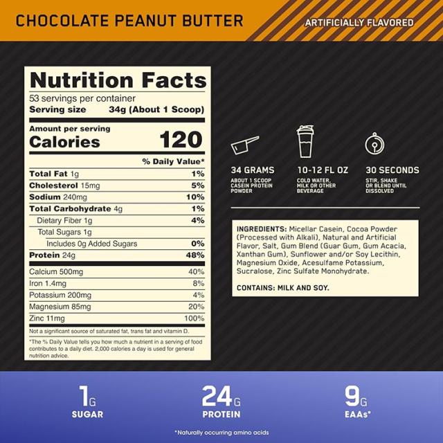 オプティマムニュートリション ゴールドスタンダード 100% カゼイン プロテイン チョコレートピーナッツバター 1.8kg (3.97lb) 53回分 Optimum Nutrition Gold Standard 100% Casein Protein Chocolate Peanut Butter 【正規契約販売法人 オフィシャルショップ】_3