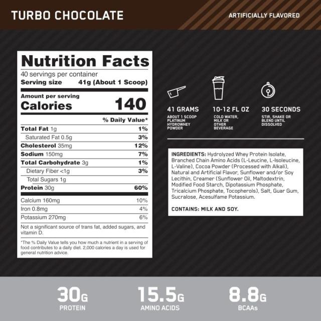 オプティマムニュートリション プラチナハイドロ ホエイプロテインパウダー ターボチョコレート 1.64kg (3.61LB) Optimum Nutrition Platinum Hydrowhey Protein Powder【正規契約販売法人 オフィシャルショップ】_3