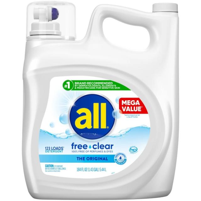 お取り寄せ オール フリークリア 液体洗濯用洗剤 無香料・無着色 5.5L 123回分 all Free Clear Liquid Laundry Detergent, 184.5 oz, 123 Loads