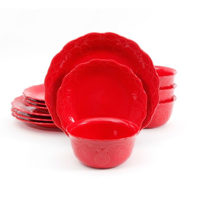 お取り寄せ パイオニアウーマン カウガールレース 食器セット 12点 レッド The Pioneer Woman Cowgirl Lace 12-Piece Dinnerware Set, Red