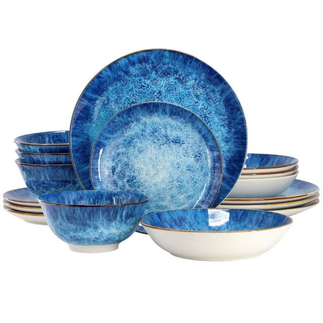 お取り寄せ エラマ オセアナス ボウル2種入り磁器食器 16点セット ブルー Elama Oceanus 16 Piece Porcelain Double Bowl Dinnerware Set in Blue