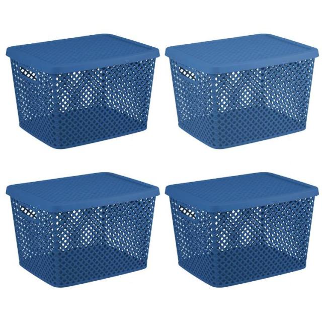 お取り寄せ 【ウォルマートブランド】メインステイズ フタ付きプラスチック収納バスケット 特大 ブルー Mainstays Extra Large Decorative Plastic Storage Basket W/Lid, Blue Cove