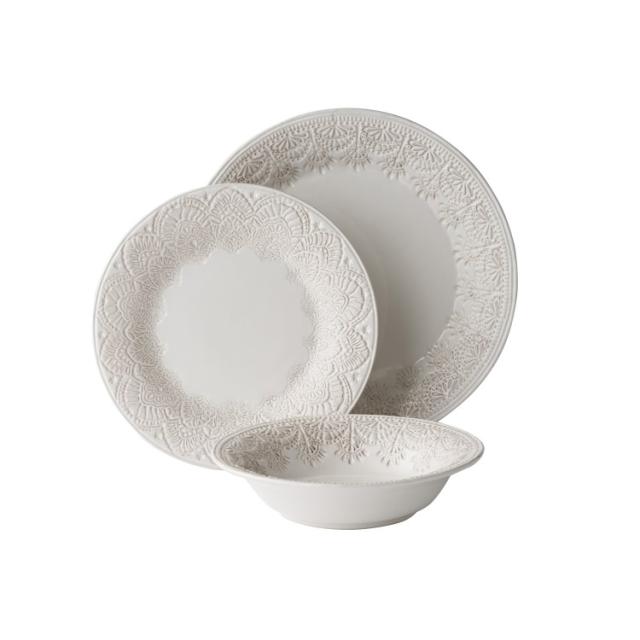 お取り寄せ パイオニアウーマン セラミック食器セット 12点 リネン The Pioneer Woman Vintage Lace 12-Piece Ceramic Dinnerware Set, Linen