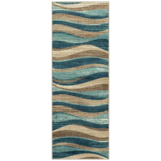 お取り寄せ 【ウォルマートブランド】メインステイズ ウェーブ柄ランナーラグ ブルーブラウン 約56×152cm Mainstays Geometric Blue Brown Waves Indoor Hallway Runner Rug, 1'10inchx5'