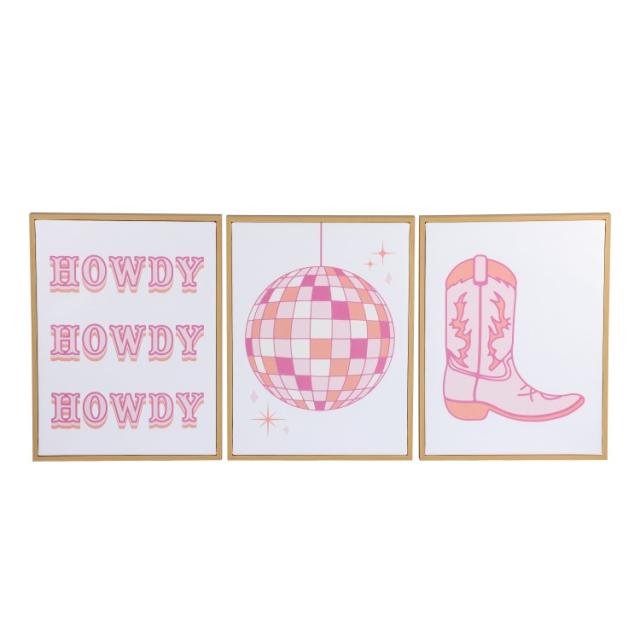 お取り寄せ 【ウォルマートブランド】メインステイズ ウエスタンテーマ ウォールアート3点セット Mainstays 3 Pc Set Pink Western Theme Wall Art, Howdy, Boot, and Disco Globe