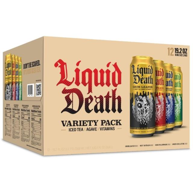 お取り寄せ リキッドデス アイスティーバラエティパック 12缶セット Liquid Death, Iced Tea Variety Pack (Grim Leafer, Rest in Peach, Dead Billionaire, and Green Guillotine) 12-Pack (King Size 19.2oz Cans)