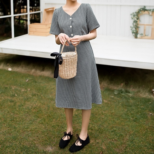 オススメ 新作 夏 ワンピース 半袖 Vネック ギンガム チェック 膝下 Aライン ガーリー デート お出かけ 可愛いの通販はau Pay マーケット Magnifique