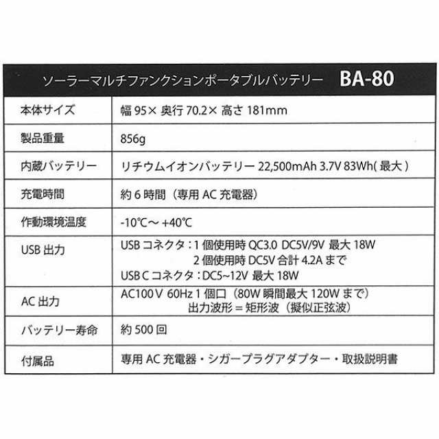 モバイルバッテリー 22.5Ah BA-80 Bソーラーパネルセット 停電対策