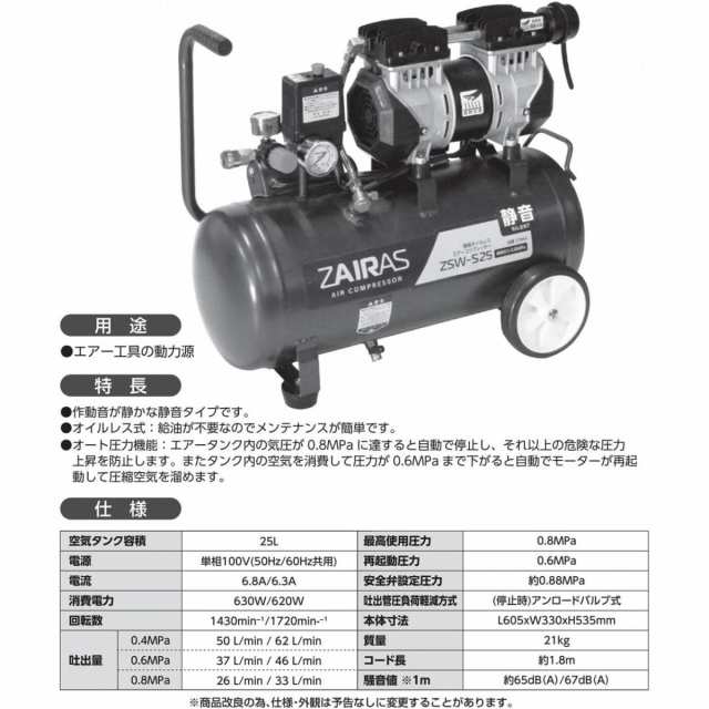 ケンオー(KENOH) ZAIRAS 静音オイルレス エアーコンプレッサー 100V