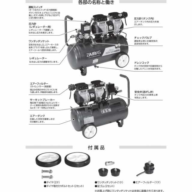 ケンオー(KENOH) ZAIRAS 静音オイルレス エアーコンプレッサー 100V 容量25L  ZSW-S25【沖縄・離島不可】【代引き不可】の通販はau PAY マーケット - ダイユーエイト.com | au PAY マーケット－通販サイト