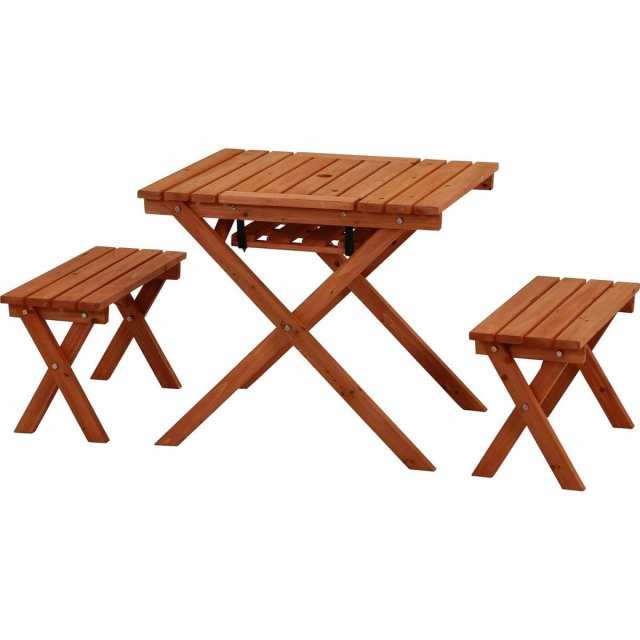 【I】不二貿易 ガーデンテーブルセット BBQテーブル＆ベンチセット 2人用 コンロスペース付き パラソルホール付き 杉材 16817