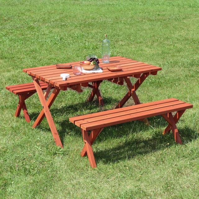 【I】不二貿易 杉材 BBQテーブル&ベンチセット コンロスペース付 81761 庭 ガーデン テーブル イス セット 組立品_1