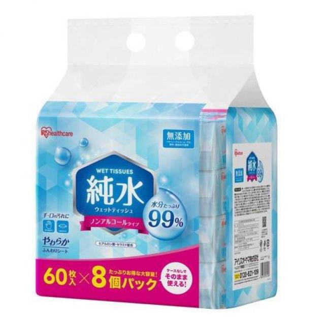 アイリスオーヤマ 純水 ウェットティッシュ ノンアルコールタイプ 60枚入り×8個パック WTS-60P8P ウエットティッシュ 大容量 ヒアルロン酸 