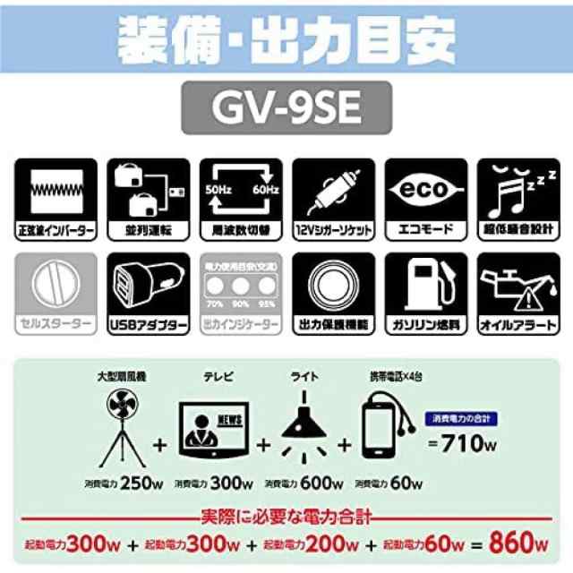 工進 インバーター 発電機 正弦波 GV-9SE 定格出力 0.9kVA AC-100V