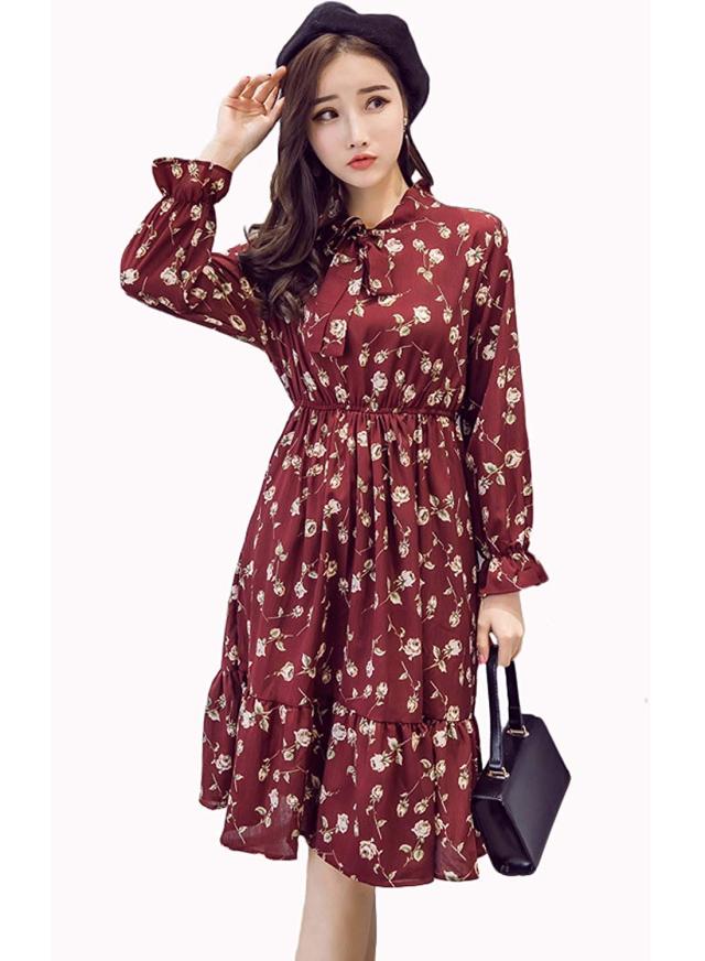 レディース ワンピース チュニック ワンピ 長袖 膝丈 秋 花柄 プリント ボウタイ シフォンワンピ Aライン 大人 可愛い オシャレ の通販はau Pay マーケット ｈｕｋｉｈｏｕｓｅ