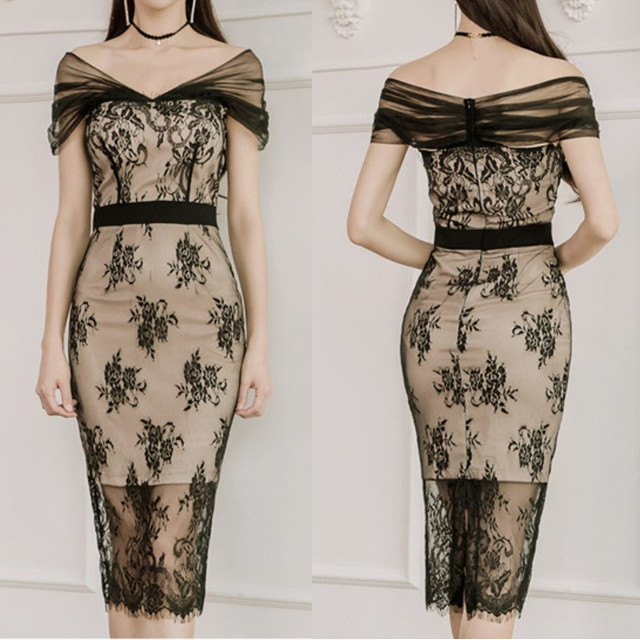 ミニドレス パーティードレス タイトスカート ミニ ドレス ワンピース 袖なし オフショルダー レース 透け感の通販はau Pay マーケット Happy Dress Wowma店