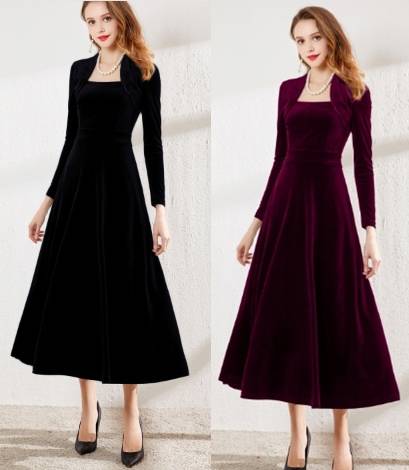 ロングドレス 結婚式 お呼ばれ ドレス パーティードレス マキシ丈 ワンピース 代 30代 40代 ベロア スクエアネック レトロ スリム 長袖の通販はau Pay マーケット Happy Dress Wowma店
