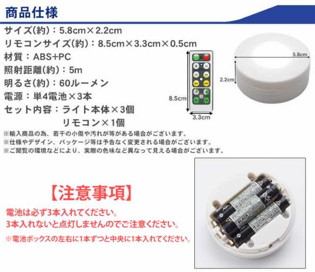 3個セット リモコン付き LED プッシュライト 調光 タイマー機能 高輝度 両面テープ 電池式 夜間照明 クローゼット タンス  PR-QAQ9789の通販はau PAY マーケット - プランドル