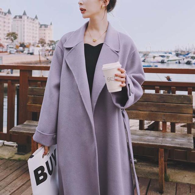 ガウンコート ロング丈 パープル カジュアル ウール 無地 あたたかい アウター おしゃれ 高級感 かわいい ロングコート 羽織り チェスターコート ロング アウター