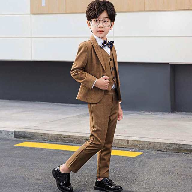 5点セット キッズ 男の子 フォーマルスーツ チェック柄 かっこいい お洒落 ジャケット パンツ ベスト シャツ 蝶ネクタイ ウエストゴム