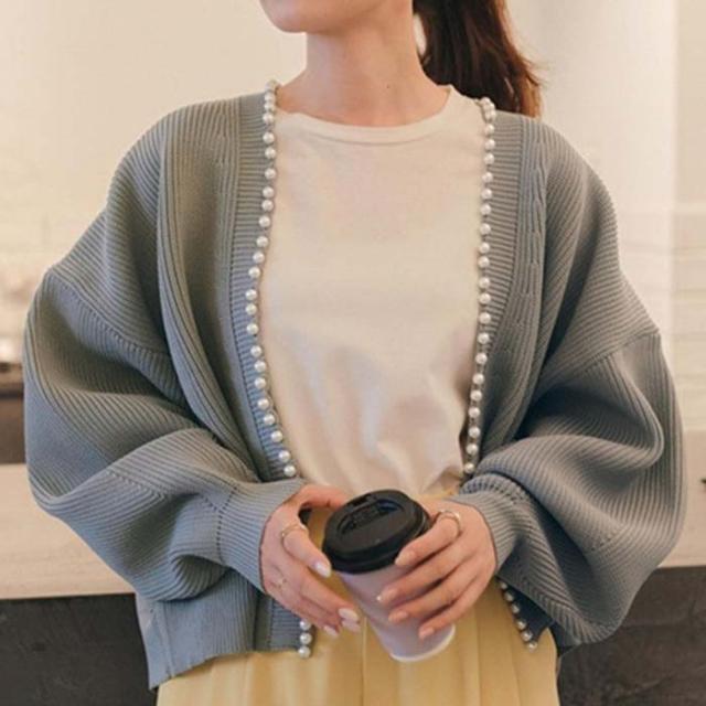 パールカーディガン ランタンスリーブ ショート丈 袖 カジュアル 装飾 かわいいおしゃれ パール 上品 レディース ゆるふわ 上着 シンプル パールカーディガン ランタンスリーブ ショート丈 袖 カジュアル