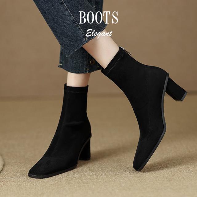 スタイリッシュショートブーツ ショート丈 ショートブーツ シンプル フォーマルカジュアル ハイヒール チャンキーヒール ヒールブーツ 上品 お洒落 可愛い 歩きやすい 美脚効果 ヒール約6.5cm 22cm-24.5cmの通販は 5,502円