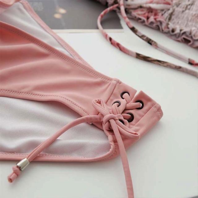 水着 オフショル レースアップ お花柄 フラワー ギャザー リボン